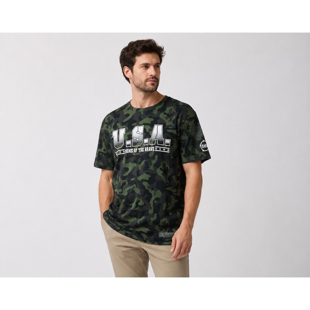USA Home of Brave Colosseum Athletics Shirt Men Large Green Camo Print Polyester